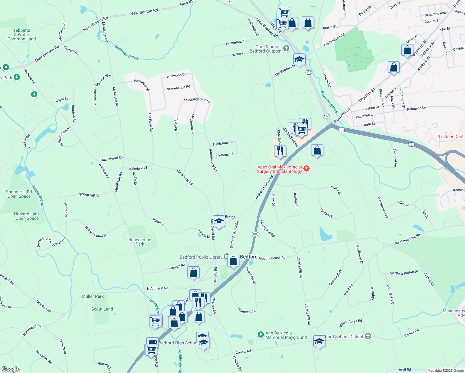 map of restaurants, bars, coffee shops, grocery stores, and more near 9 French Dr in Bedford