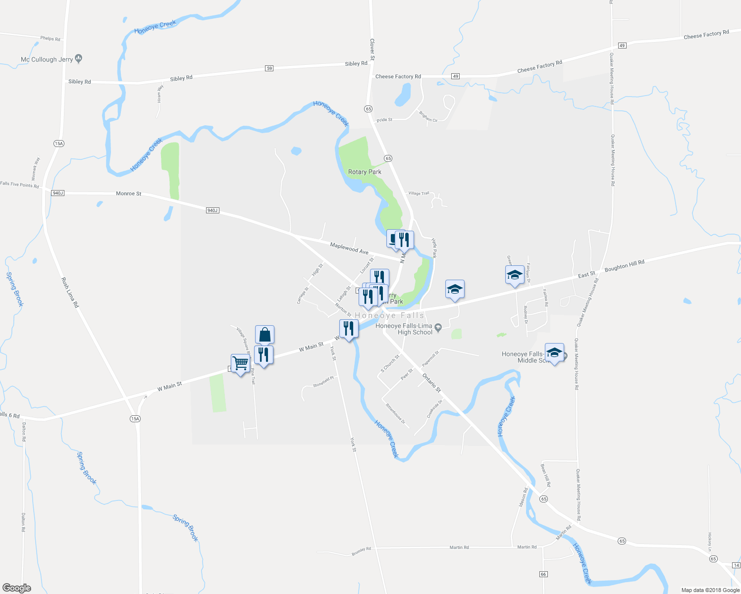 map of restaurants, bars, coffee shops, grocery stores, and more near 14 Monroe Street in Honeoye Falls
