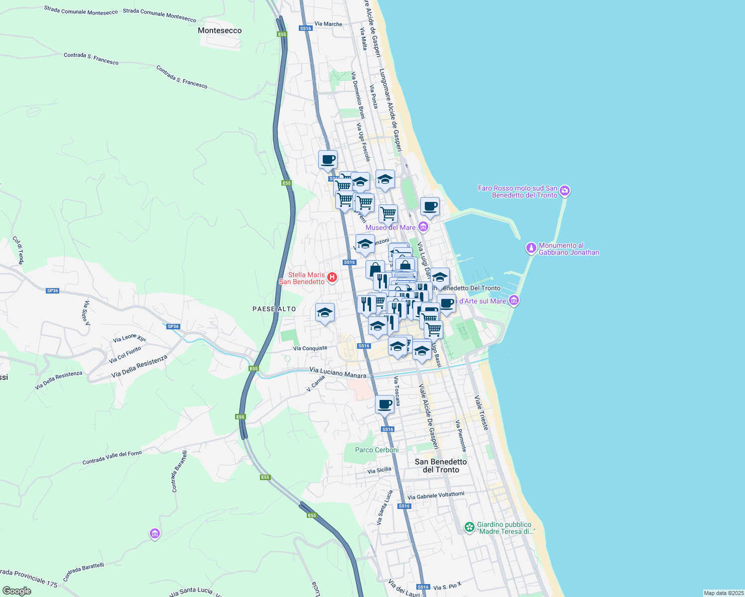 map of restaurants, bars, coffee shops, grocery stores, and more near 44 Via Vittorio Veneto in San Benedetto del Tronto