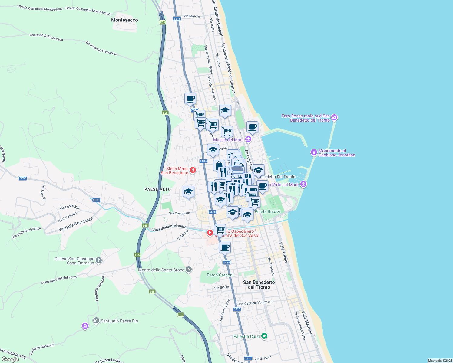 map of restaurants, bars, coffee shops, grocery stores, and more near 93 Via Palestro in San Benedetto del Tronto