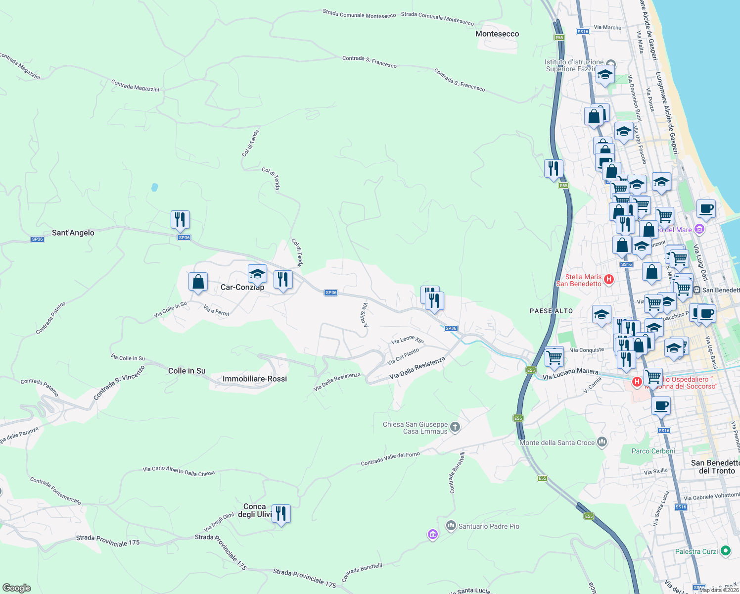 map of restaurants, bars, coffee shops, grocery stores, and more near 30 SP36 in San Benedetto del Tronto