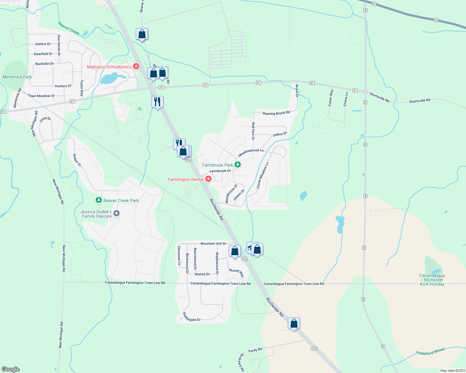 map of restaurants, bars, coffee shops, grocery stores, and more near 1604 Wheatstone Dr in Farmington