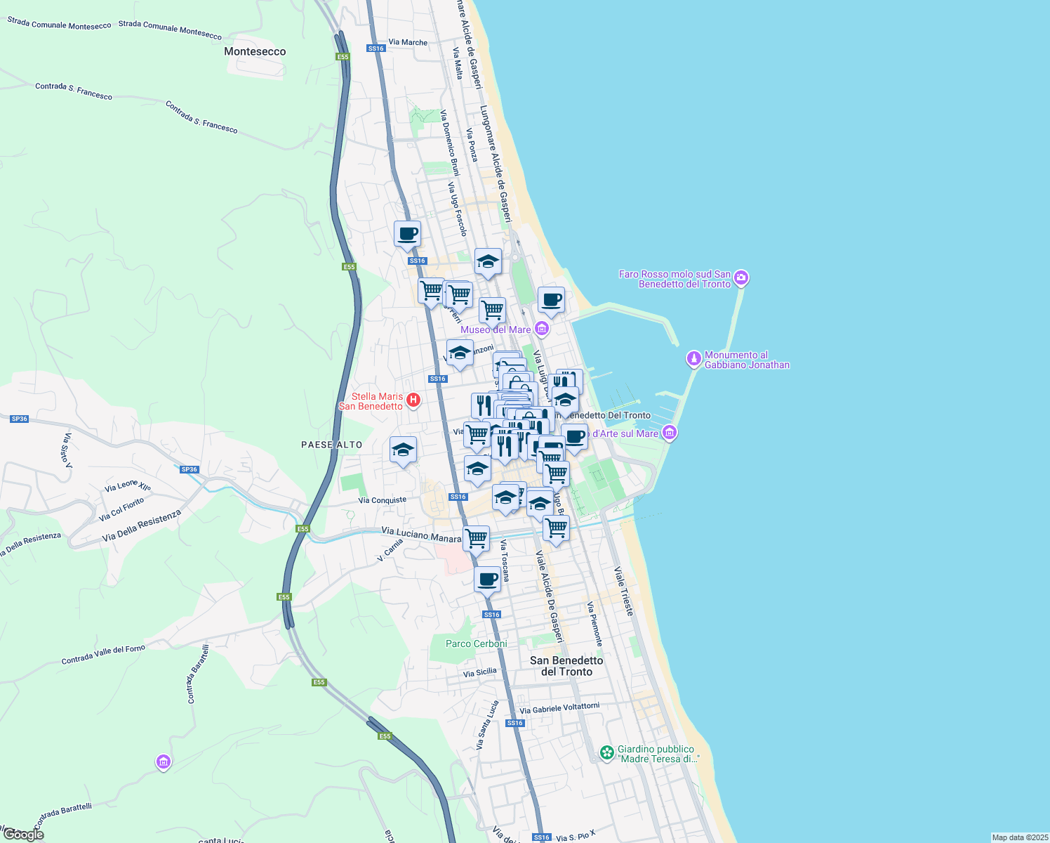 map of restaurants, bars, coffee shops, grocery stores, and more near 106 Via Roma in San Benedetto del Tronto