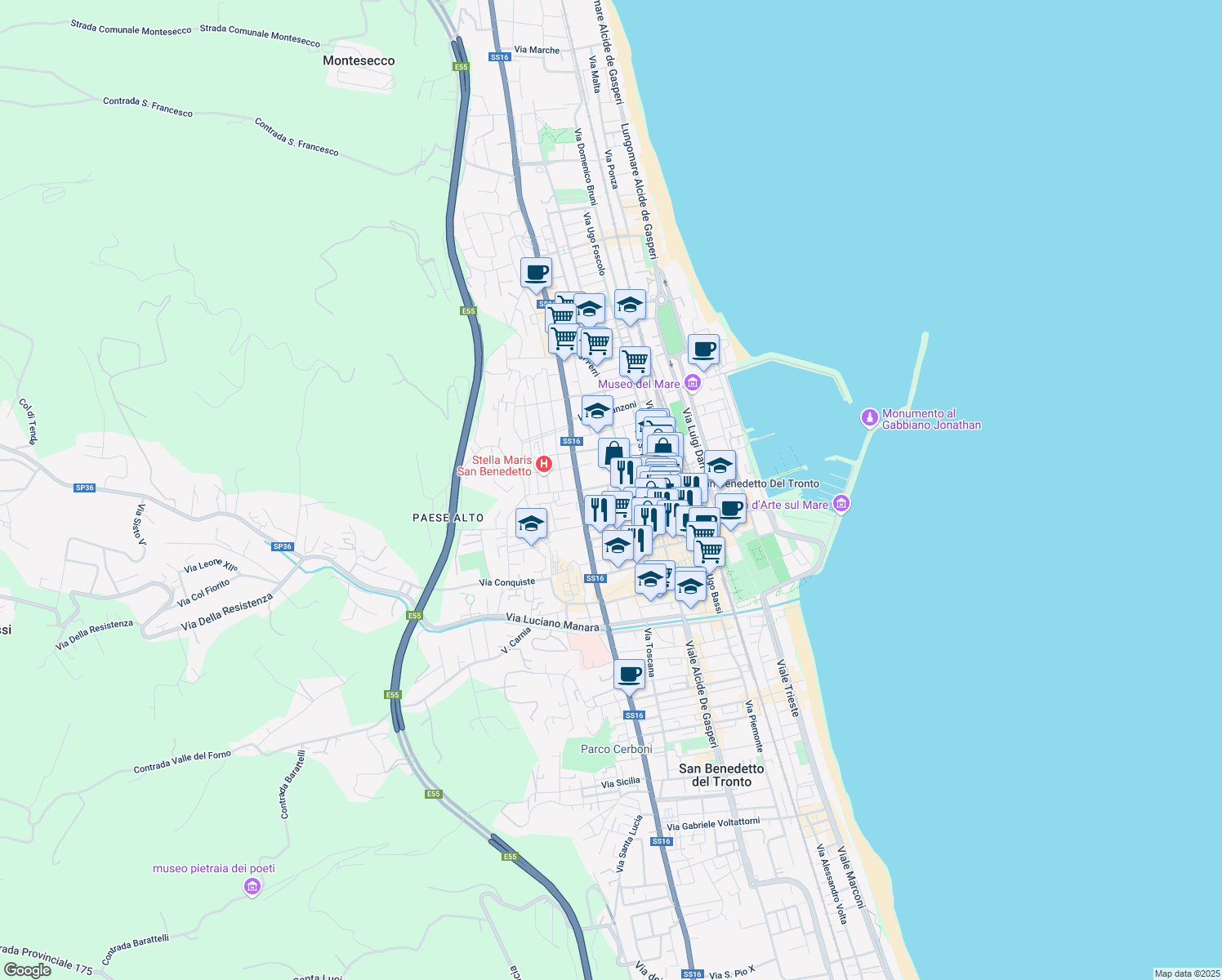 map of restaurants, bars, coffee shops, grocery stores, and more near 44 Via Vittorio Veneto in San Benedetto del Tronto