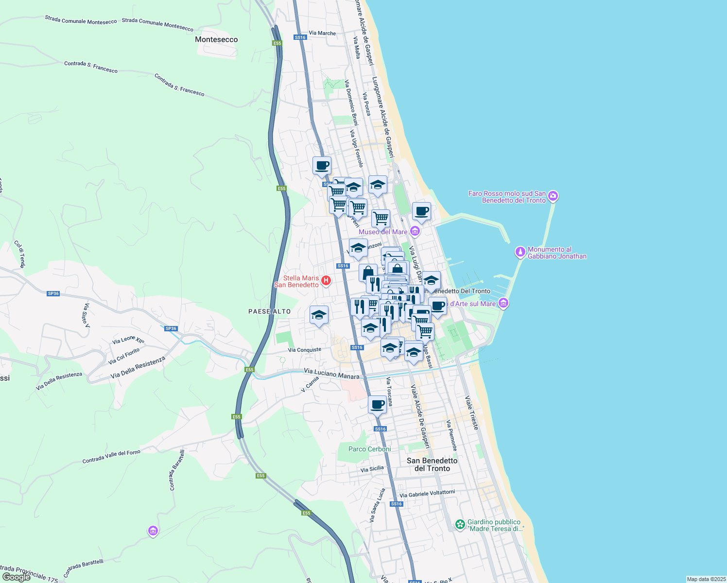 map of restaurants, bars, coffee shops, grocery stores, and more near 44 Via Vittorio Veneto in San Benedetto del Tronto