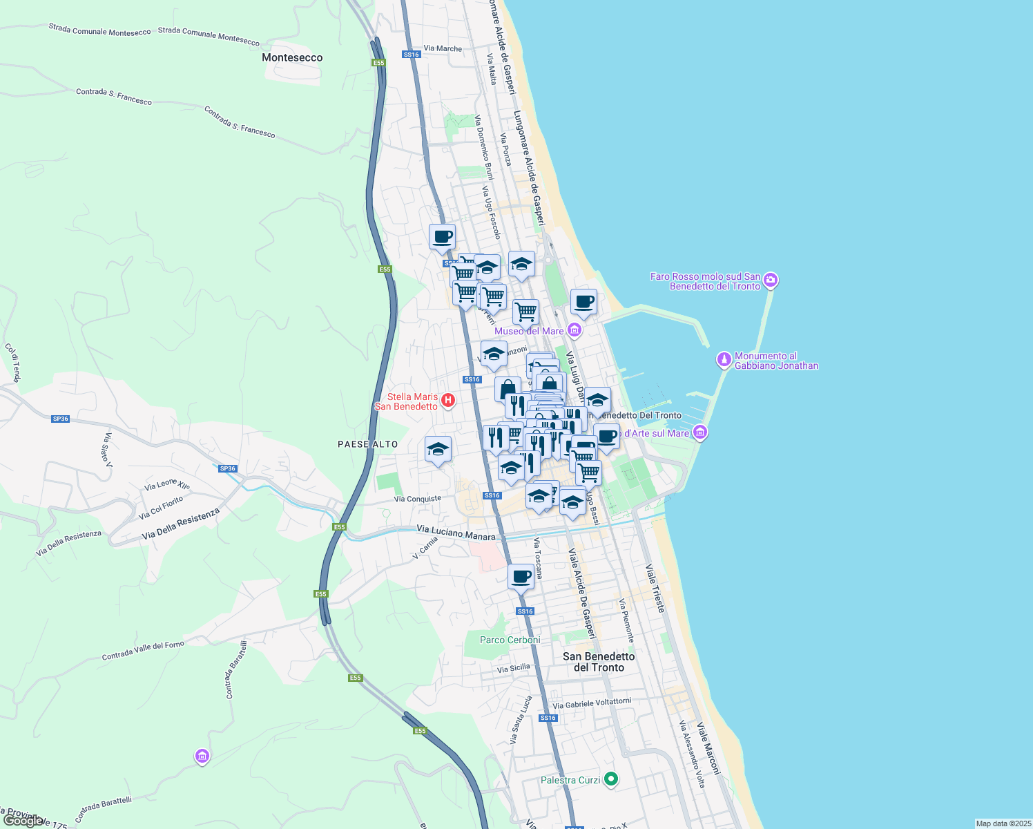map of restaurants, bars, coffee shops, grocery stores, and more near 44 Via Vittorio Veneto in San Benedetto del Tronto