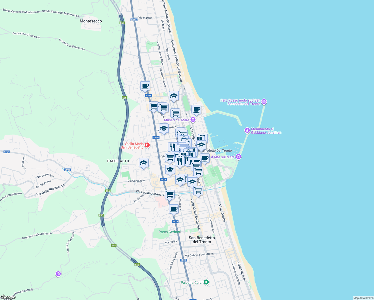 map of restaurants, bars, coffee shops, grocery stores, and more near 106 Via Roma in San Benedetto del Tronto