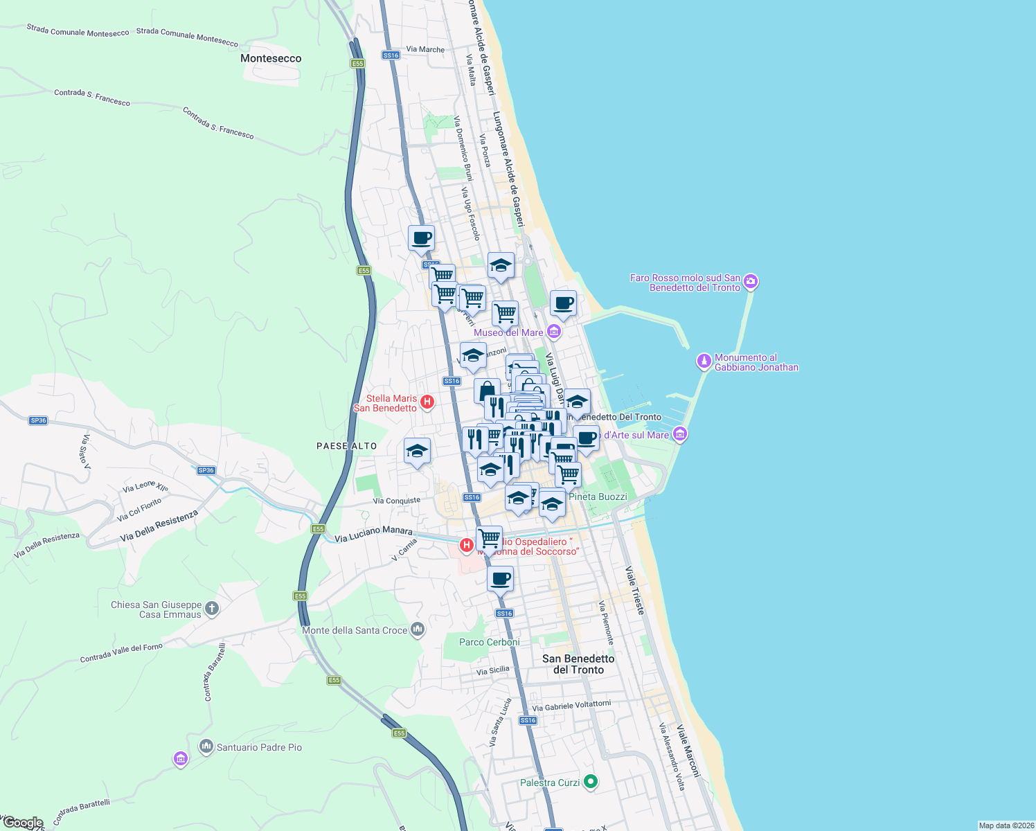 map of restaurants, bars, coffee shops, grocery stores, and more near 93 Via Palestro in San Benedetto del Tronto