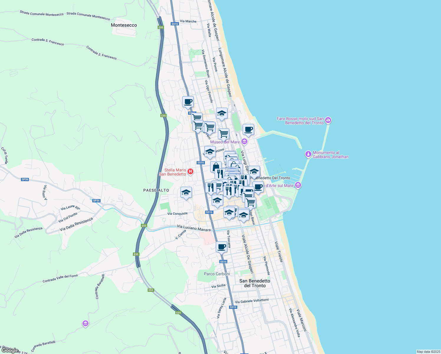 map of restaurants, bars, coffee shops, grocery stores, and more near 93 Via Palestro in San Benedetto del Tronto