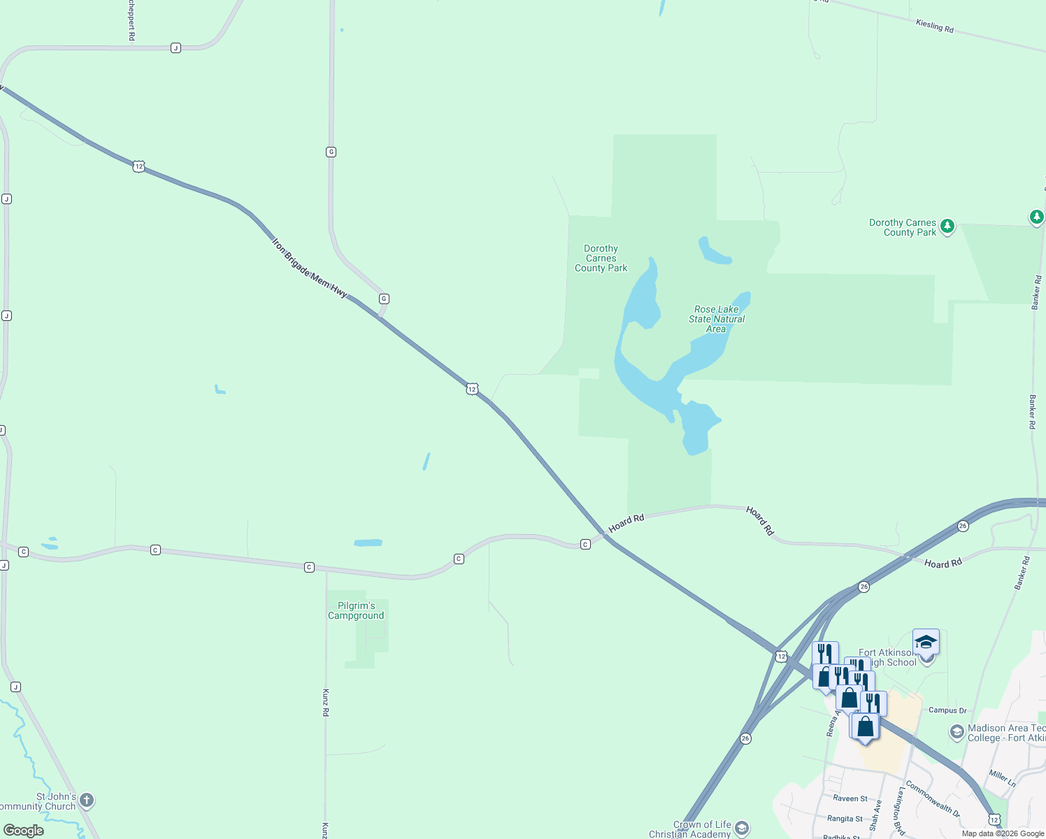 map of restaurants, bars, coffee shops, grocery stores, and more near N3020 U.S. 12 in Fort Atkinson