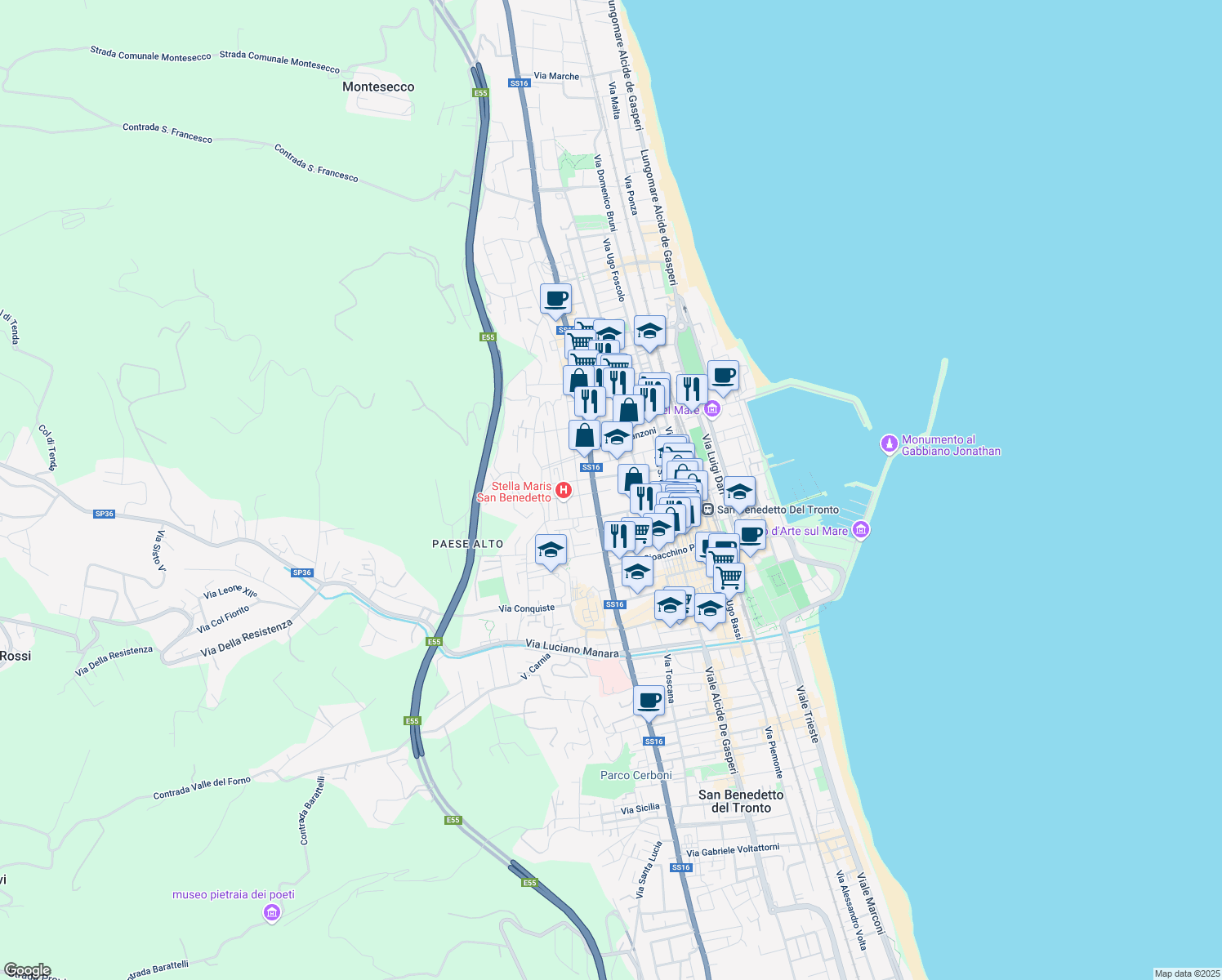 map of restaurants, bars, coffee shops, grocery stores, and more near 14-16 Via Vittorio Alfieri in San Benedetto del Tronto