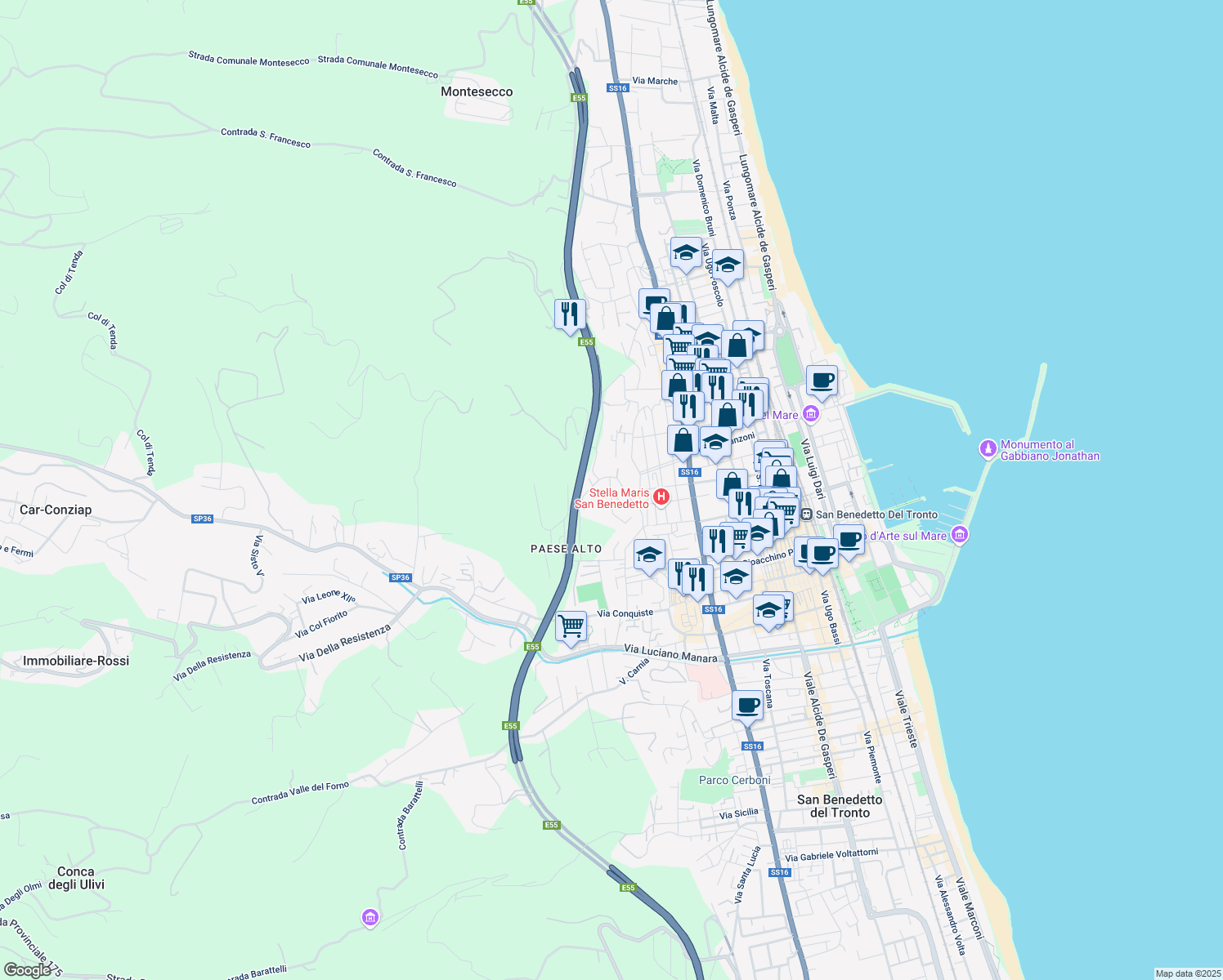 map of restaurants, bars, coffee shops, grocery stores, and more near 13a Contrada Marinuccia in San Benedetto del Tronto