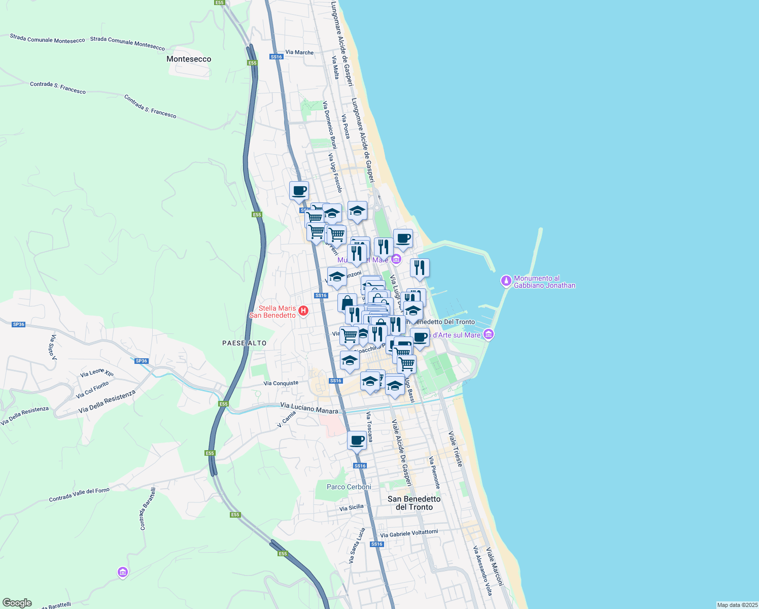 map of restaurants, bars, coffee shops, grocery stores, and more near 98 Via Calatafimi in San Benedetto del Tronto