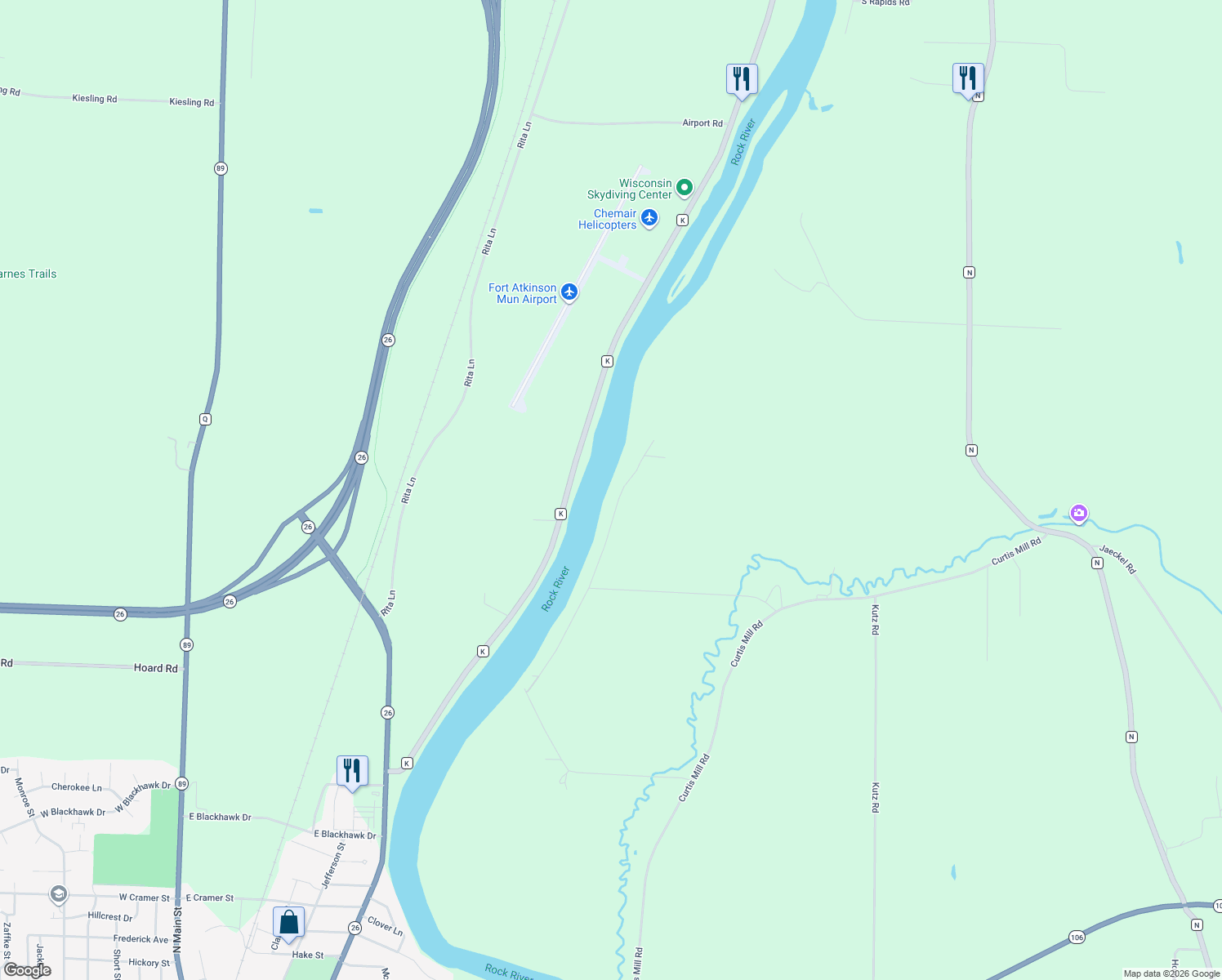 map of restaurants, bars, coffee shops, grocery stores, and more near N3151 Buena Vista Road in Fort Atkinson