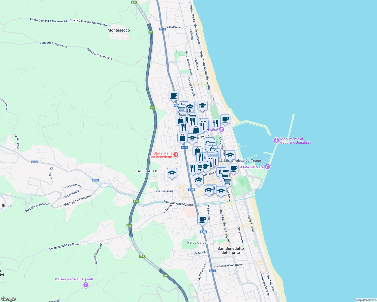 map of restaurants, bars, coffee shops, grocery stores, and more near 16 Via Vittorio Alfieri in San Benedetto del Tronto