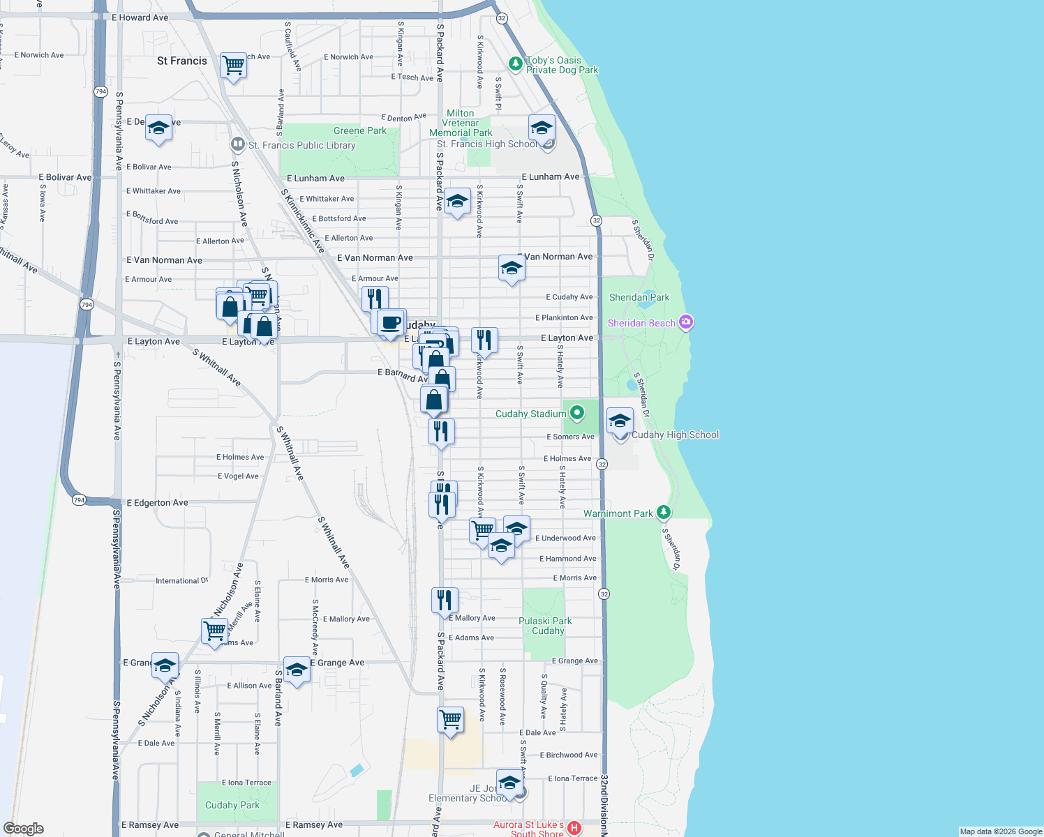 map of restaurants, bars, coffee shops, grocery stores, and more near 3803 East Carpenter Avenue in Cudahy
