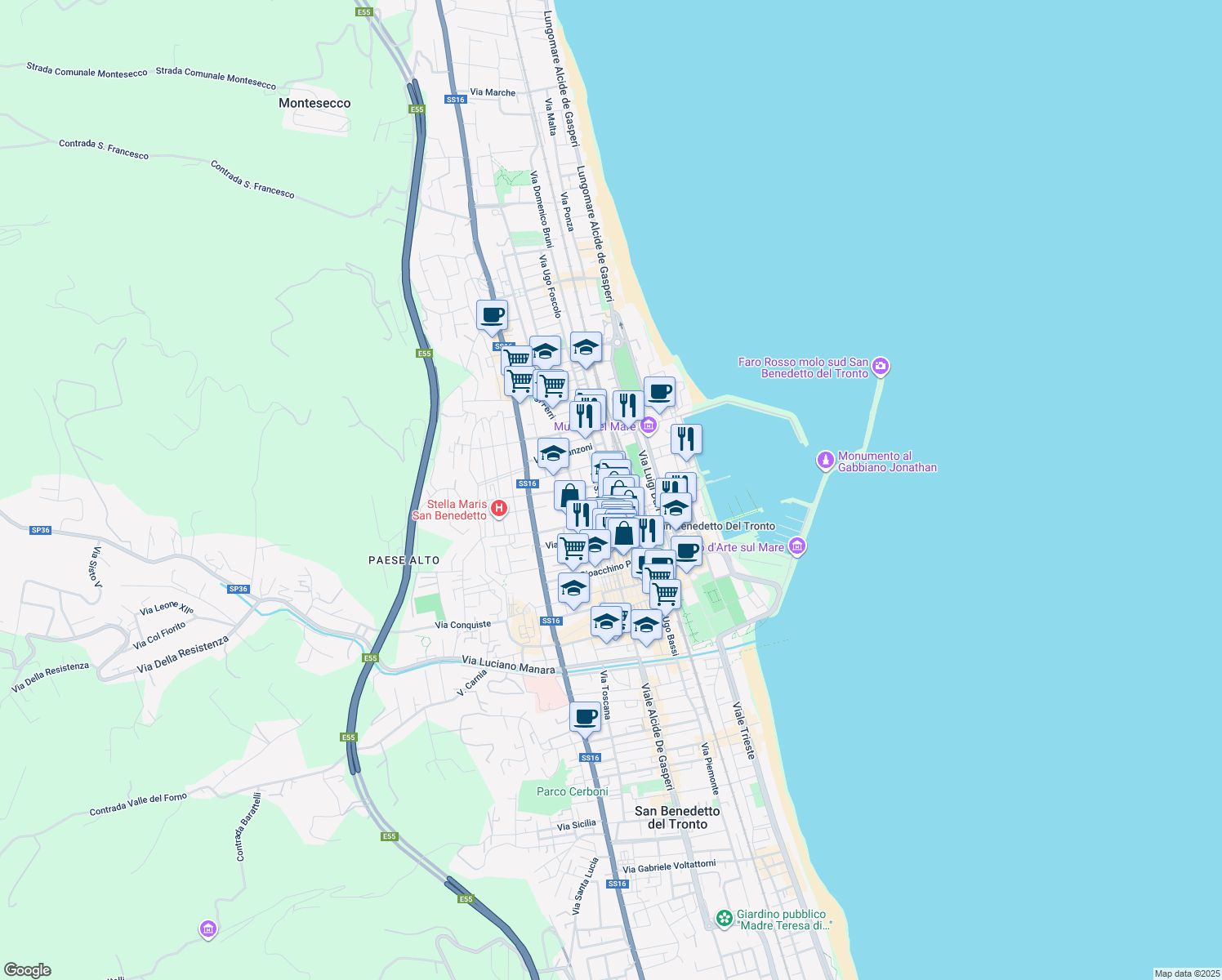 map of restaurants, bars, coffee shops, grocery stores, and more near 98 Via Calatafimi in San Benedetto del Tronto