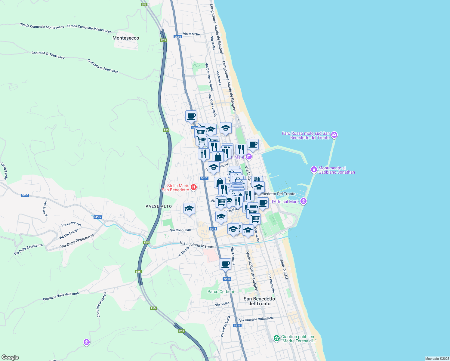 map of restaurants, bars, coffee shops, grocery stores, and more near 145 Via San Martino in San Benedetto del Tronto