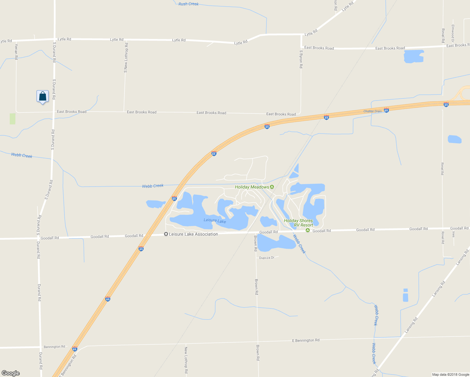 map of restaurants, bars, coffee shops, grocery stores, and more near Leisure Lake Drive in Durand