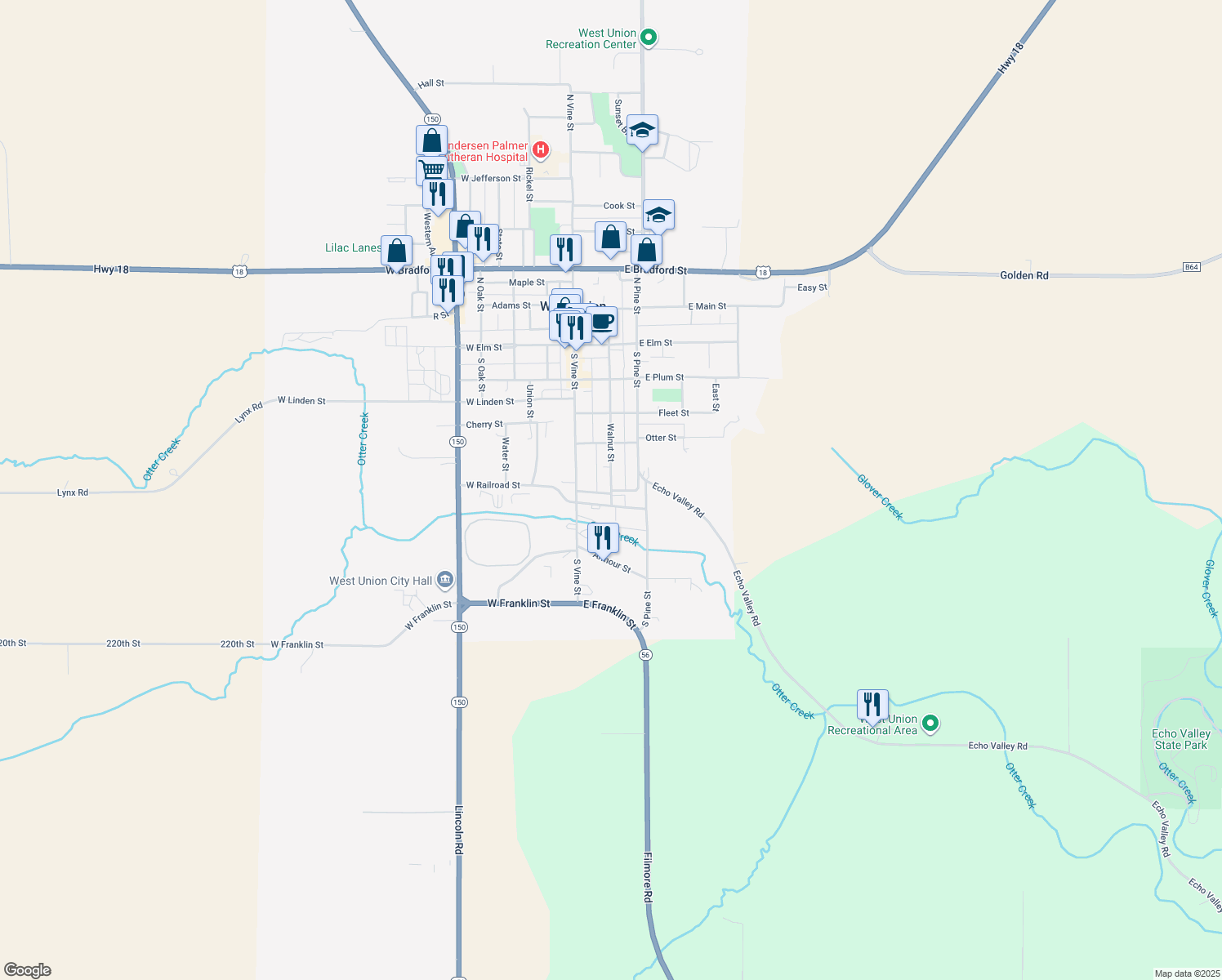 map of restaurants, bars, coffee shops, grocery stores, and more near 547 Walnut St in West Union