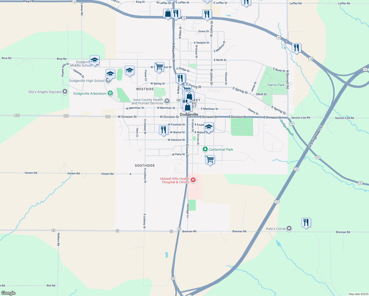 map of restaurants, bars, coffee shops, grocery stores, and more near 504 South Iowa Street in Dodgeville
