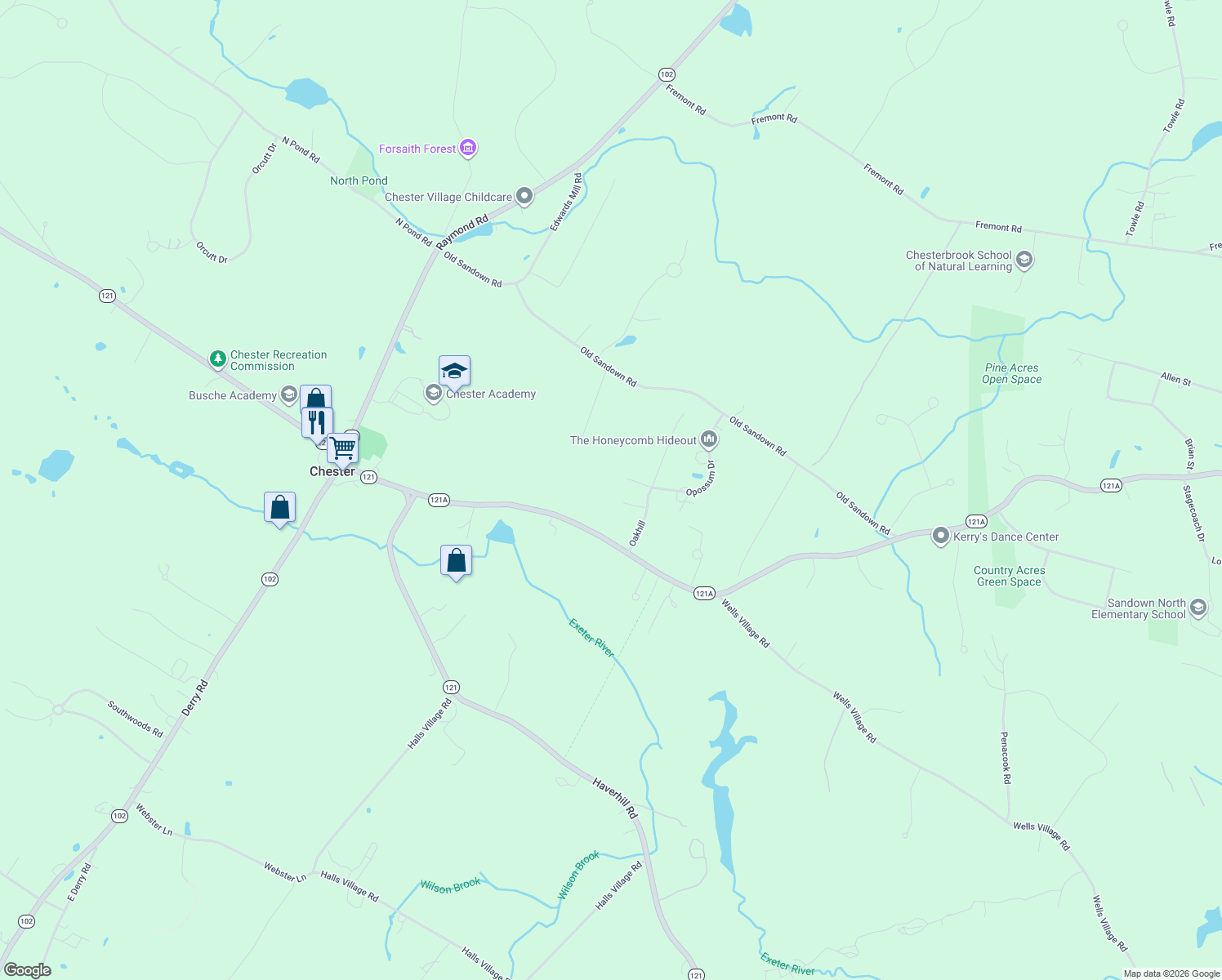 map of restaurants, bars, coffee shops, grocery stores, and more near 22 Muskrat Circle in Chester