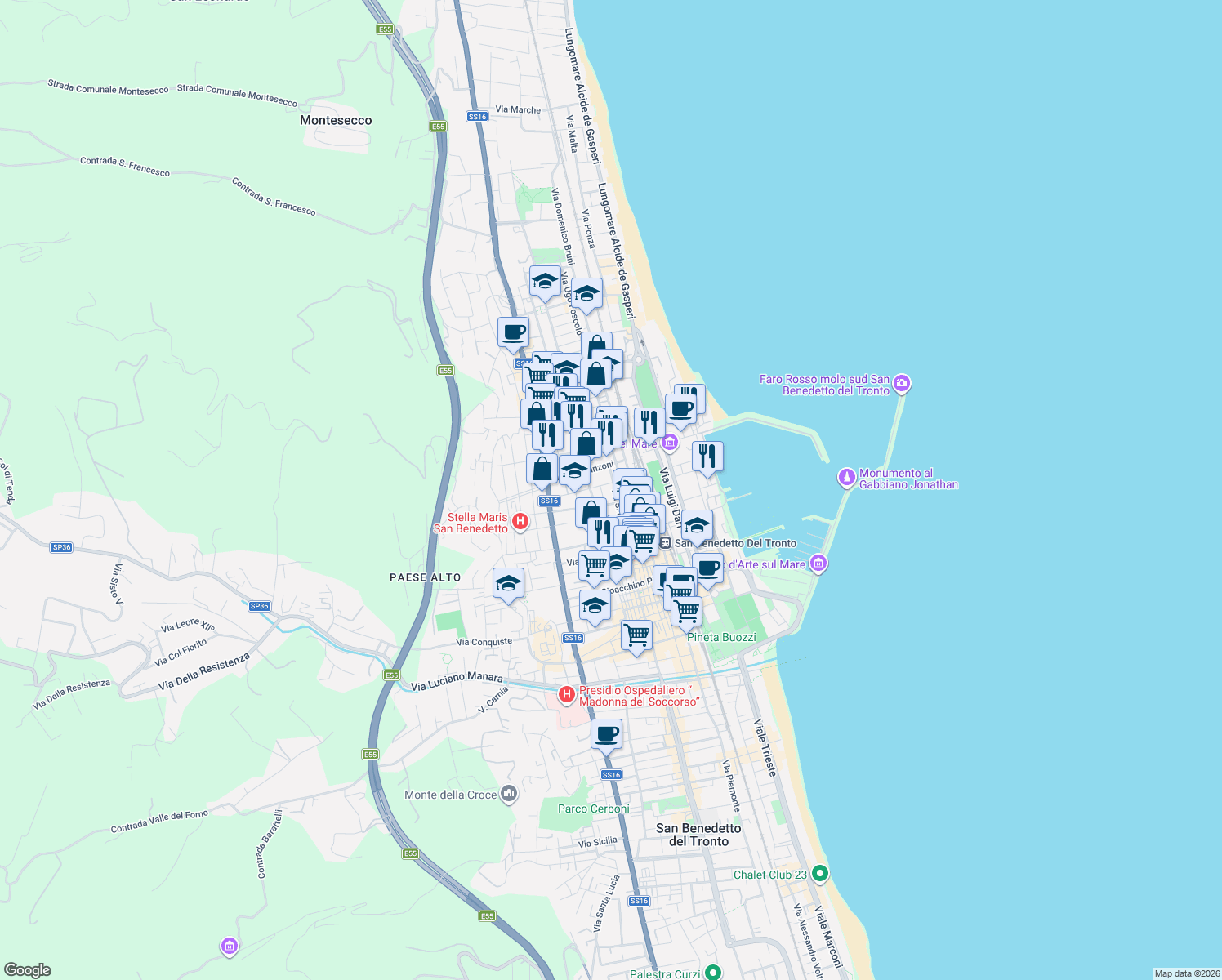 map of restaurants, bars, coffee shops, grocery stores, and more near 33 Via Marsala in San Benedetto del Tronto