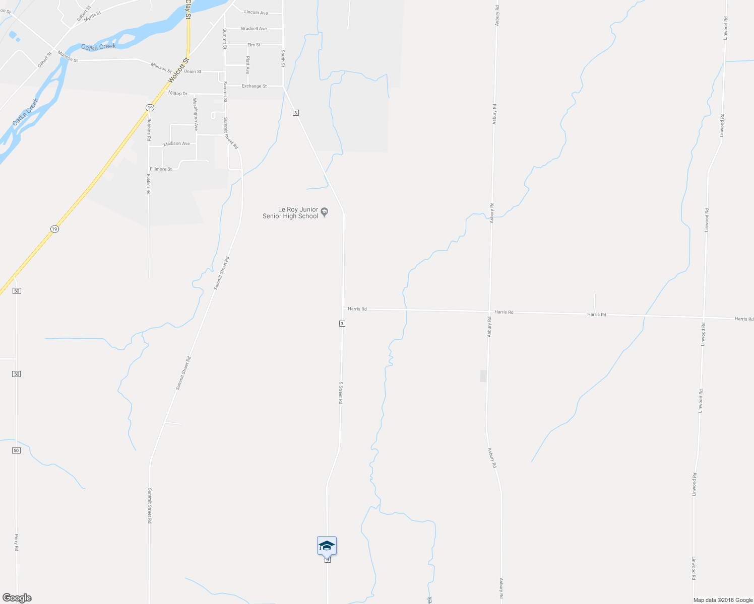 map of restaurants, bars, coffee shops, grocery stores, and more near 7693 Harris Road in Le Roy