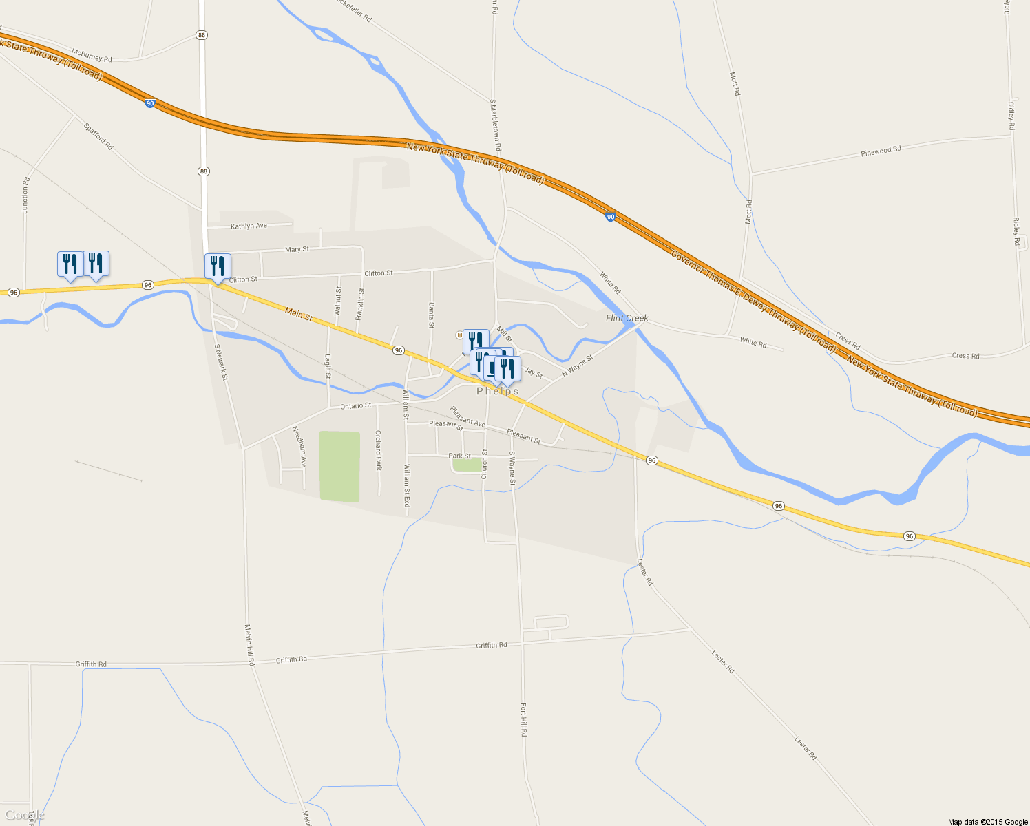 map of restaurants, bars, coffee shops, grocery stores, and more near 4 South Wayne Street in Phelps