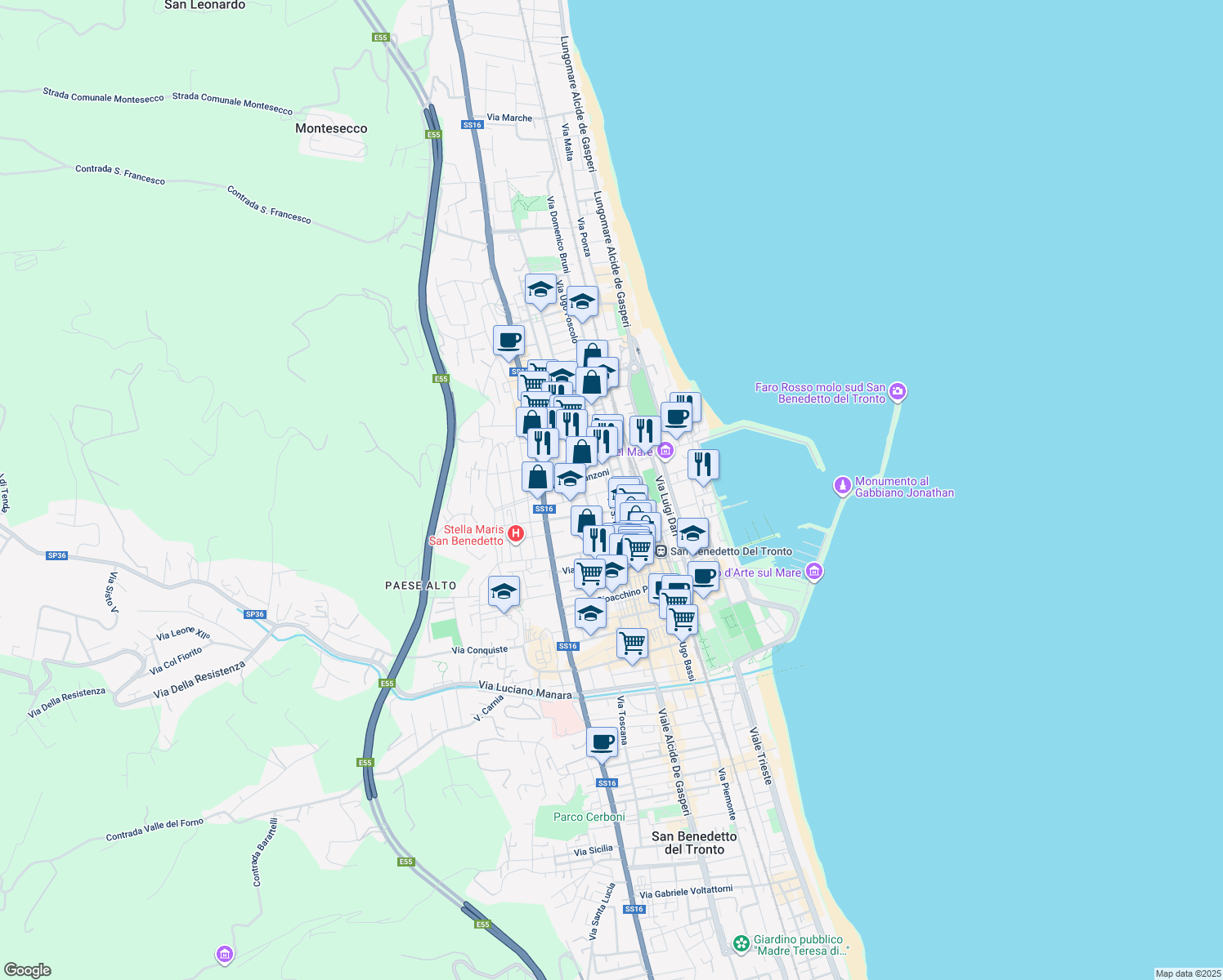 map of restaurants, bars, coffee shops, grocery stores, and more near 33 Via Marsala in San Benedetto del Tronto