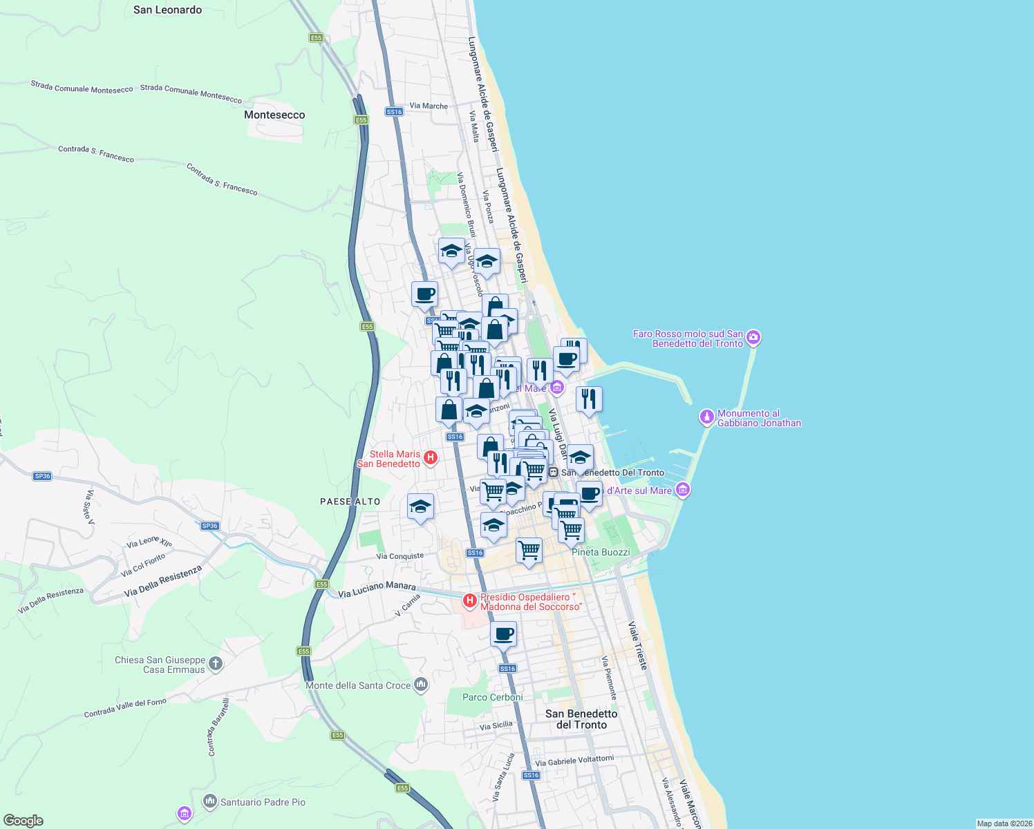 map of restaurants, bars, coffee shops, grocery stores, and more near 33 Via Marsala in San Benedetto del Tronto
