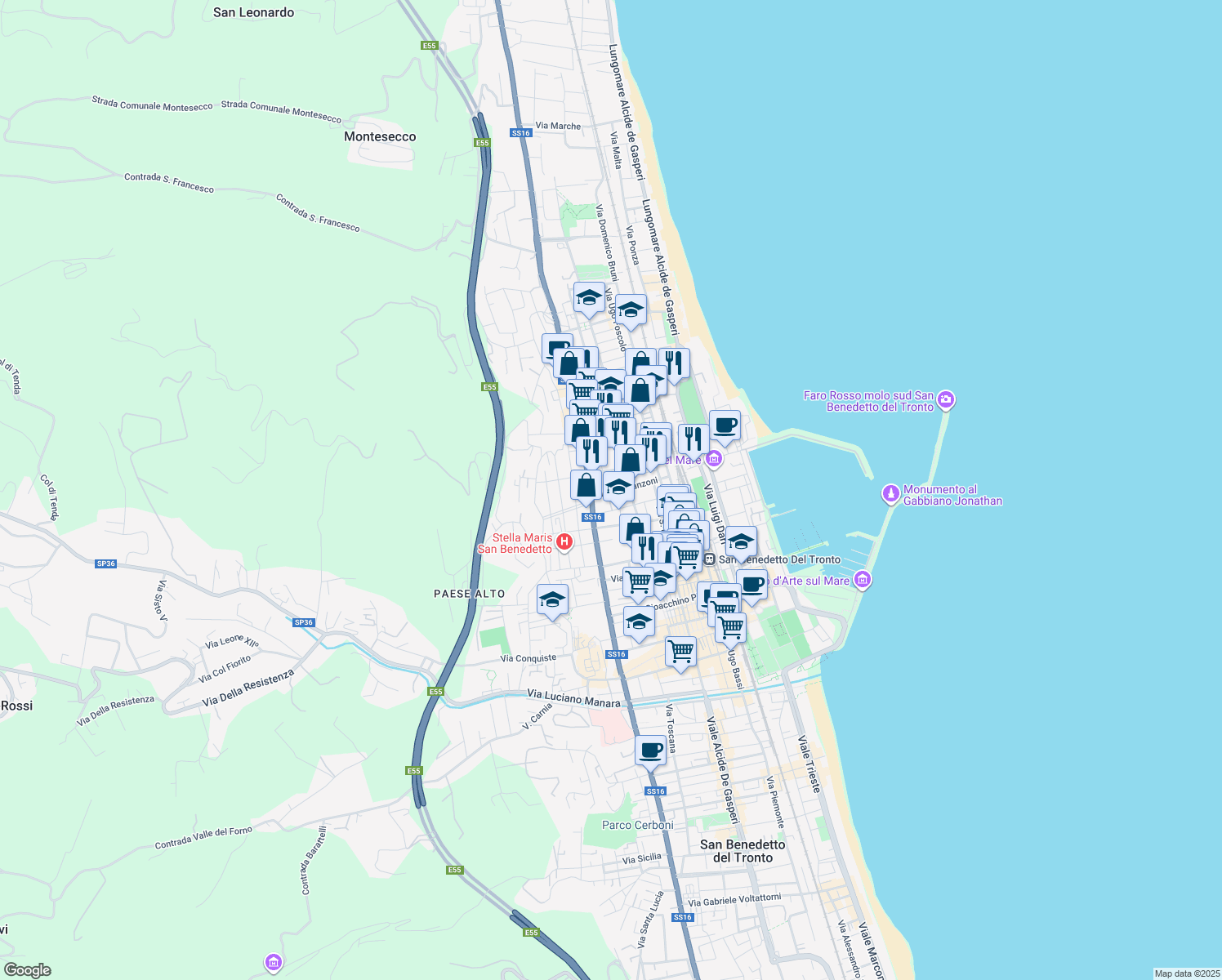 map of restaurants, bars, coffee shops, grocery stores, and more near 19 Via Alessandro Manzoni in San Benedetto del Tronto