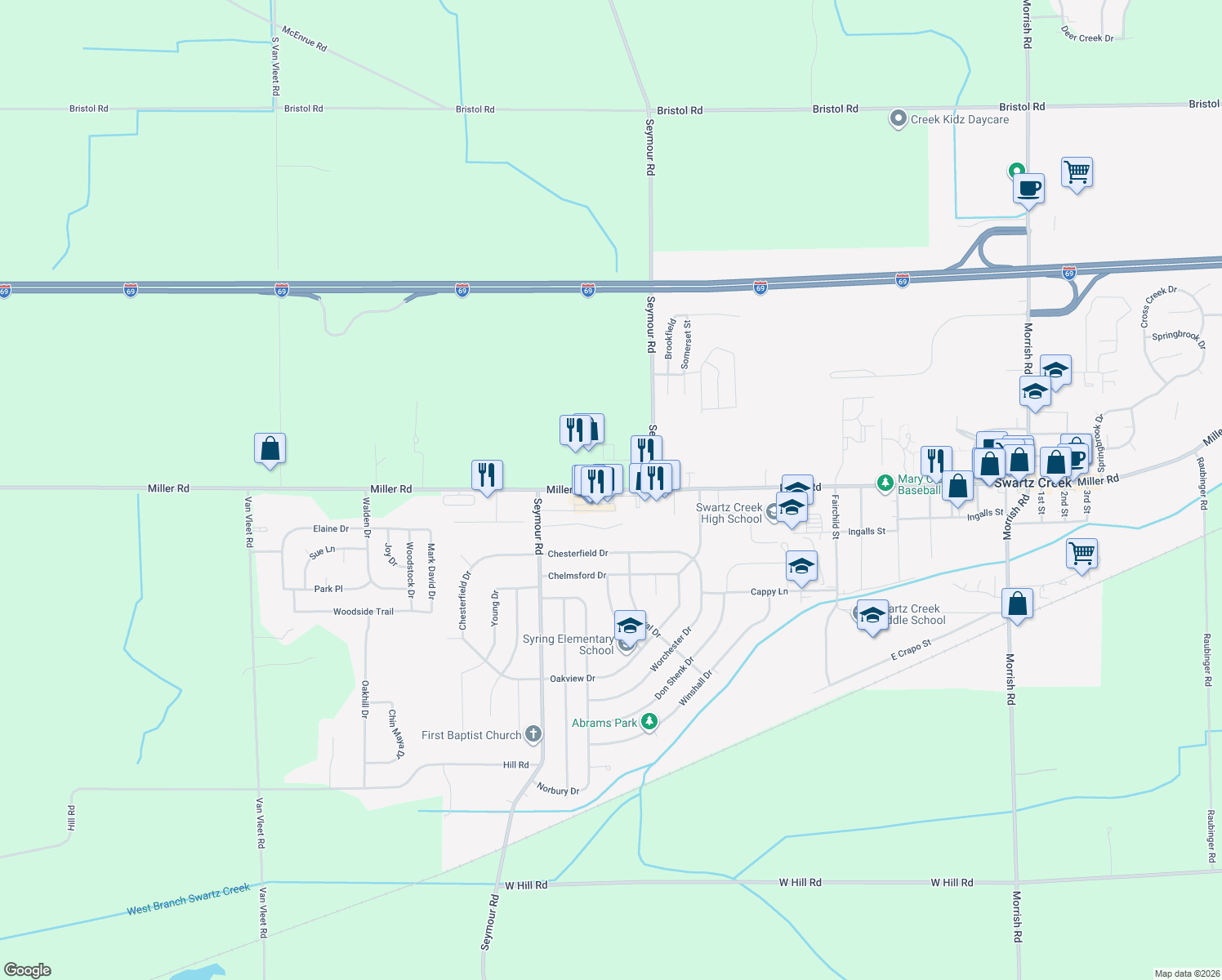 map of restaurants, bars, coffee shops, grocery stores, and more near 9098 Miller Road in Swartz Creek
