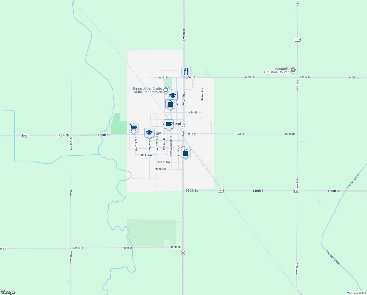 map of restaurants, bars, coffee shops, grocery stores, and more near 404 2nd Avenue Southeast in West Bend