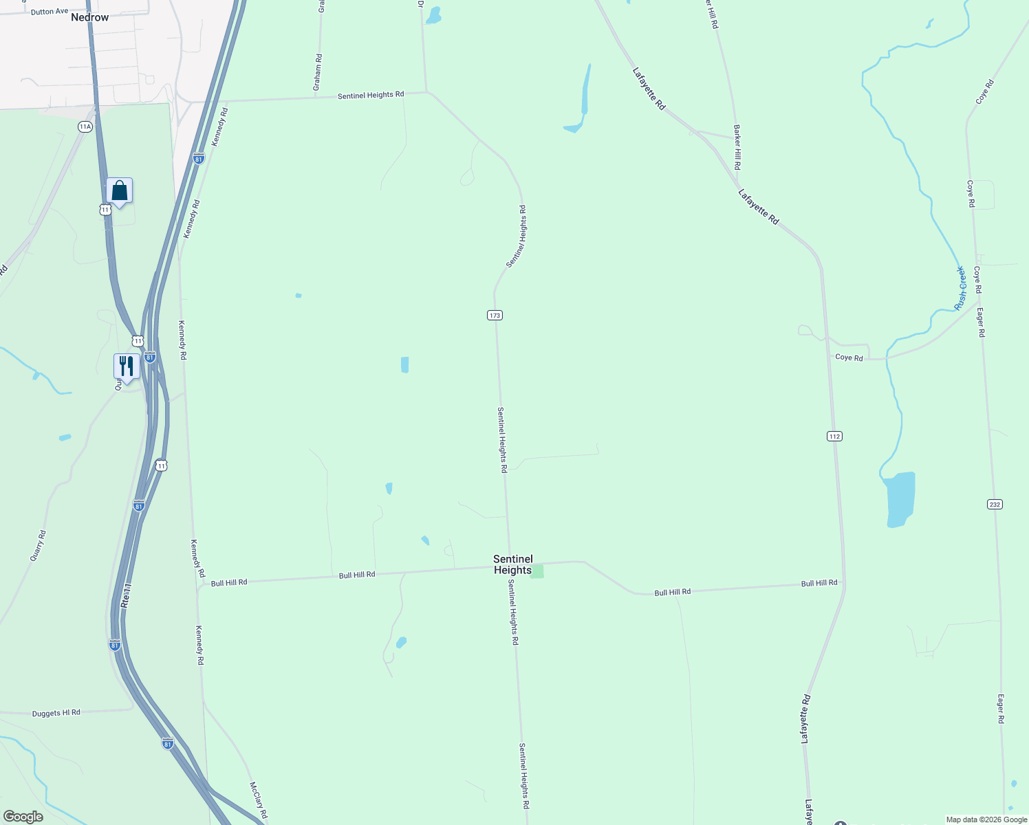 map of restaurants, bars, coffee shops, grocery stores, and more near 3834 Sentinel Heights Road in Jamesville