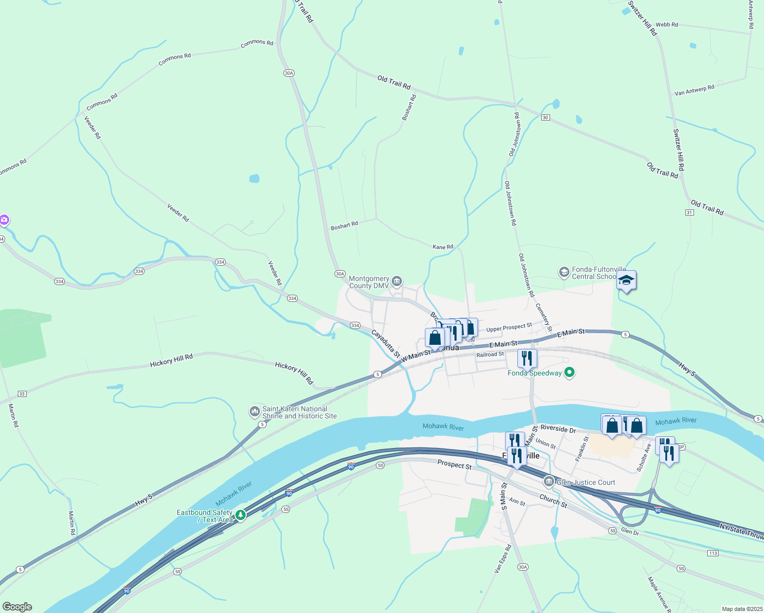 map of restaurants, bars, coffee shops, grocery stores, and more near 19 Putman Avenue in Fonda