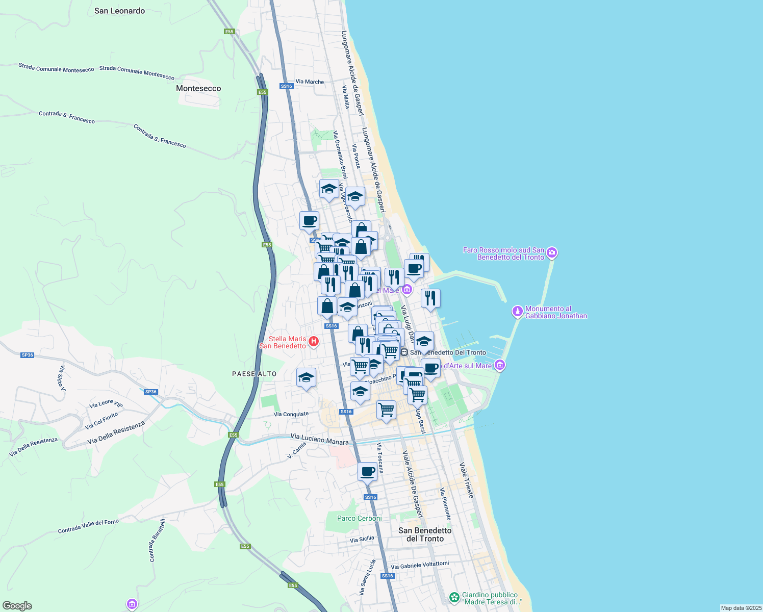 map of restaurants, bars, coffee shops, grocery stores, and more near 33 Via Marsala in San Benedetto del Tronto