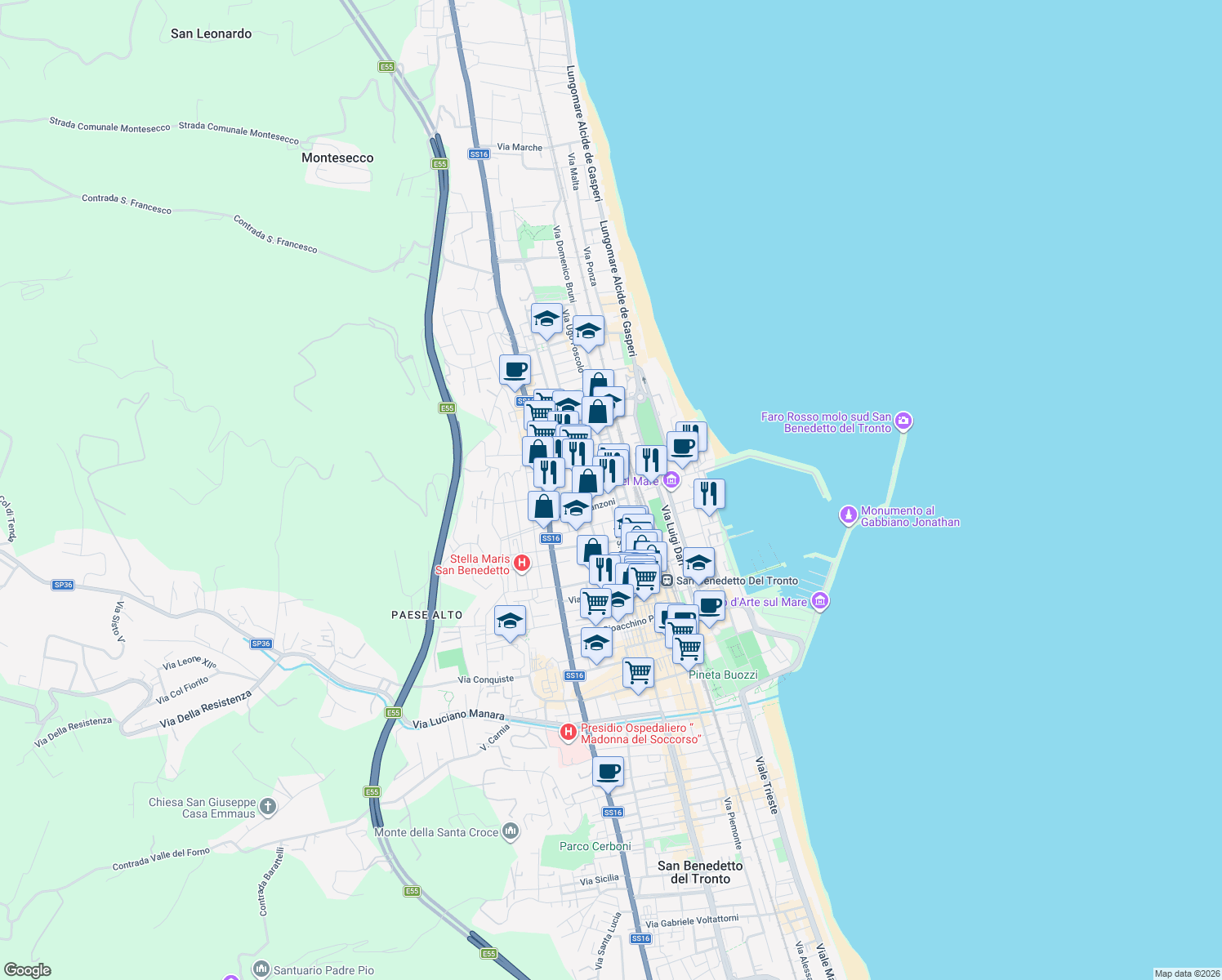map of restaurants, bars, coffee shops, grocery stores, and more near 33 Via Marsala in San Benedetto del Tronto