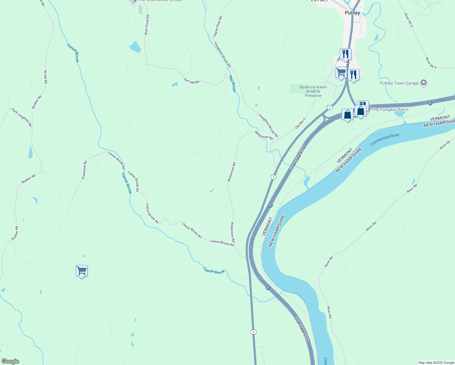 map of restaurants, bars, coffee shops, grocery stores, and more near 213 Waterman Road in Dummerston