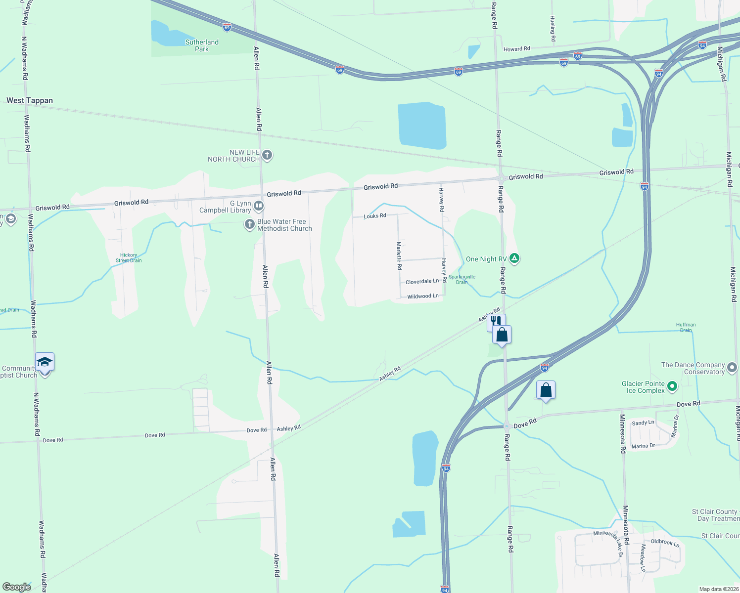 map of restaurants, bars, coffee shops, grocery stores, and more near 1760 Leland Road in Smiths Creek