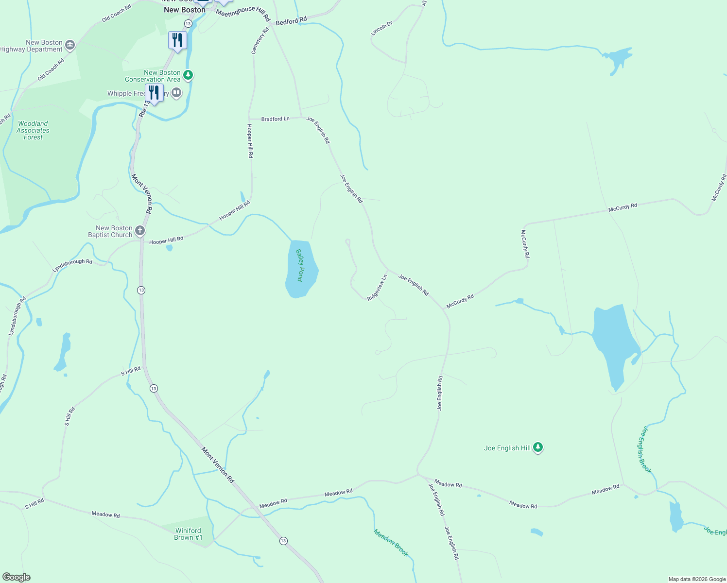 map of restaurants, bars, coffee shops, grocery stores, and more near 8 Ridgeview Lane in New Boston