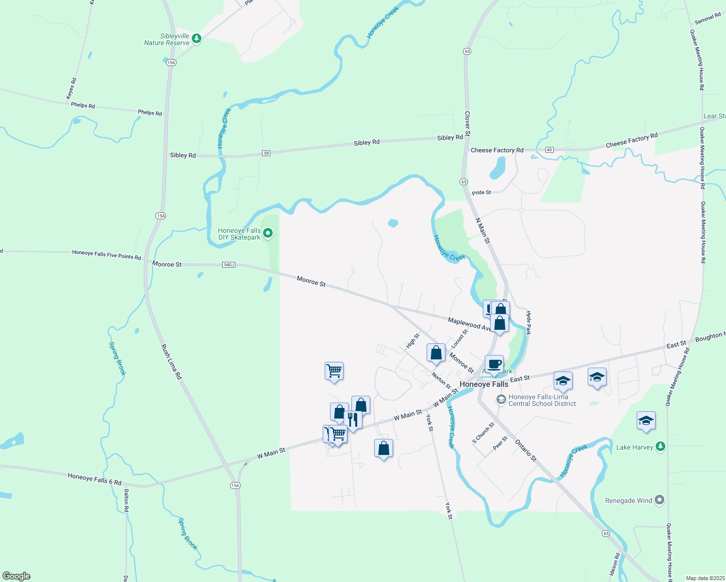 map of restaurants, bars, coffee shops, grocery stores, and more near 129 Monroe St in Honeoye Falls