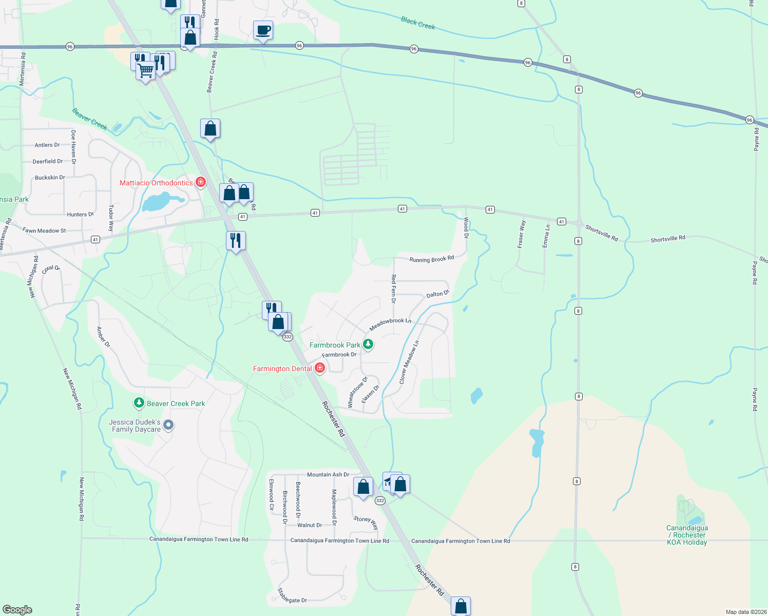 map of restaurants, bars, coffee shops, grocery stores, and more near 26 Coachlight Circle in Farmington