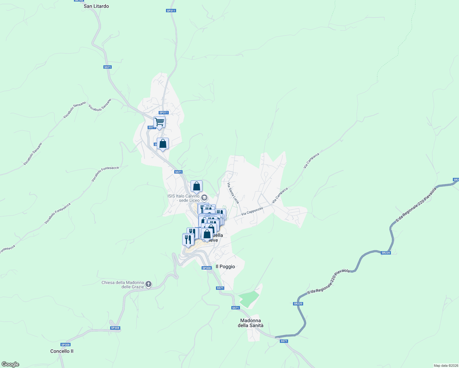 map of restaurants, bars, coffee shops, grocery stores, and more near 46 Via Santa Lucia in Città della Pieve