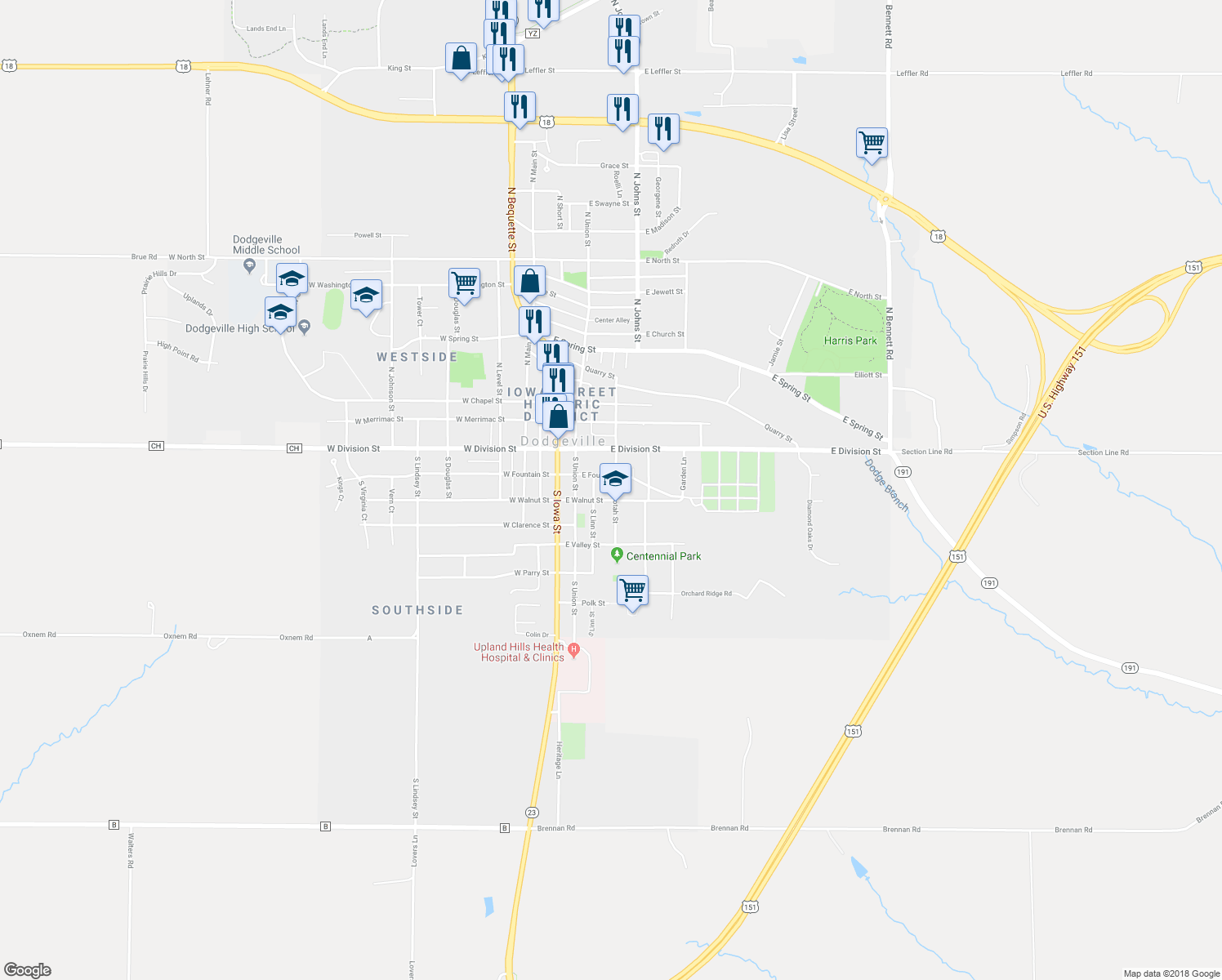 map of restaurants, bars, coffee shops, grocery stores, and more near 210 S Dacotah St in Dodgeville