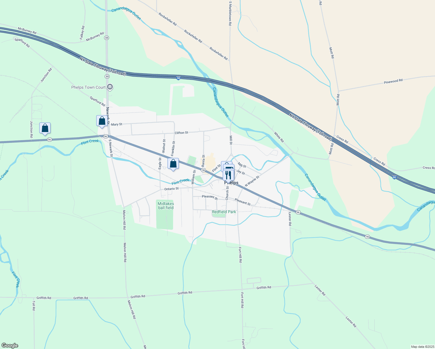 map of restaurants, bars, coffee shops, grocery stores, and more near 130 Main Street in Phelps