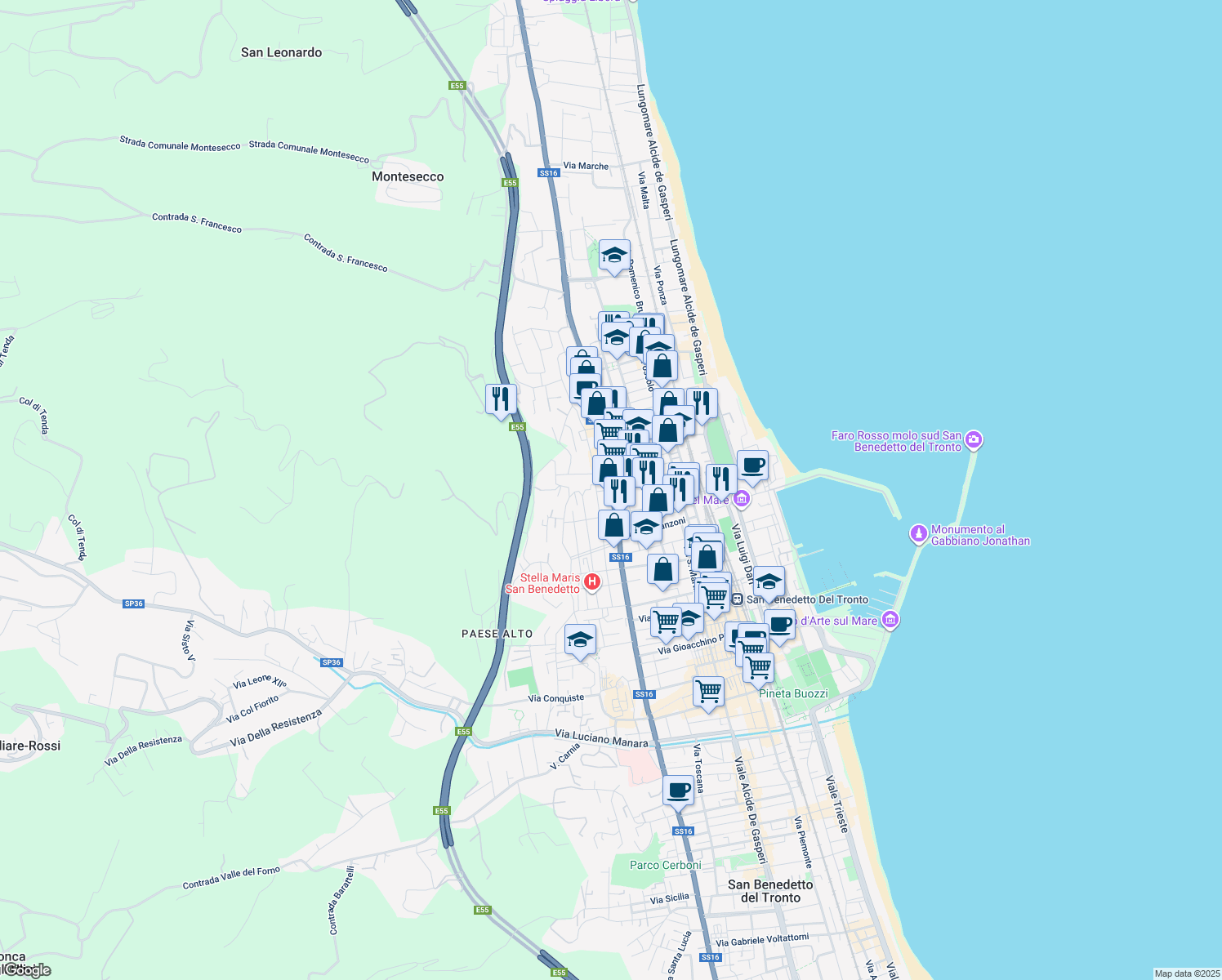 map of restaurants, bars, coffee shops, grocery stores, and more near Corso Giuseppe Mazzini in San Benedetto del Tronto