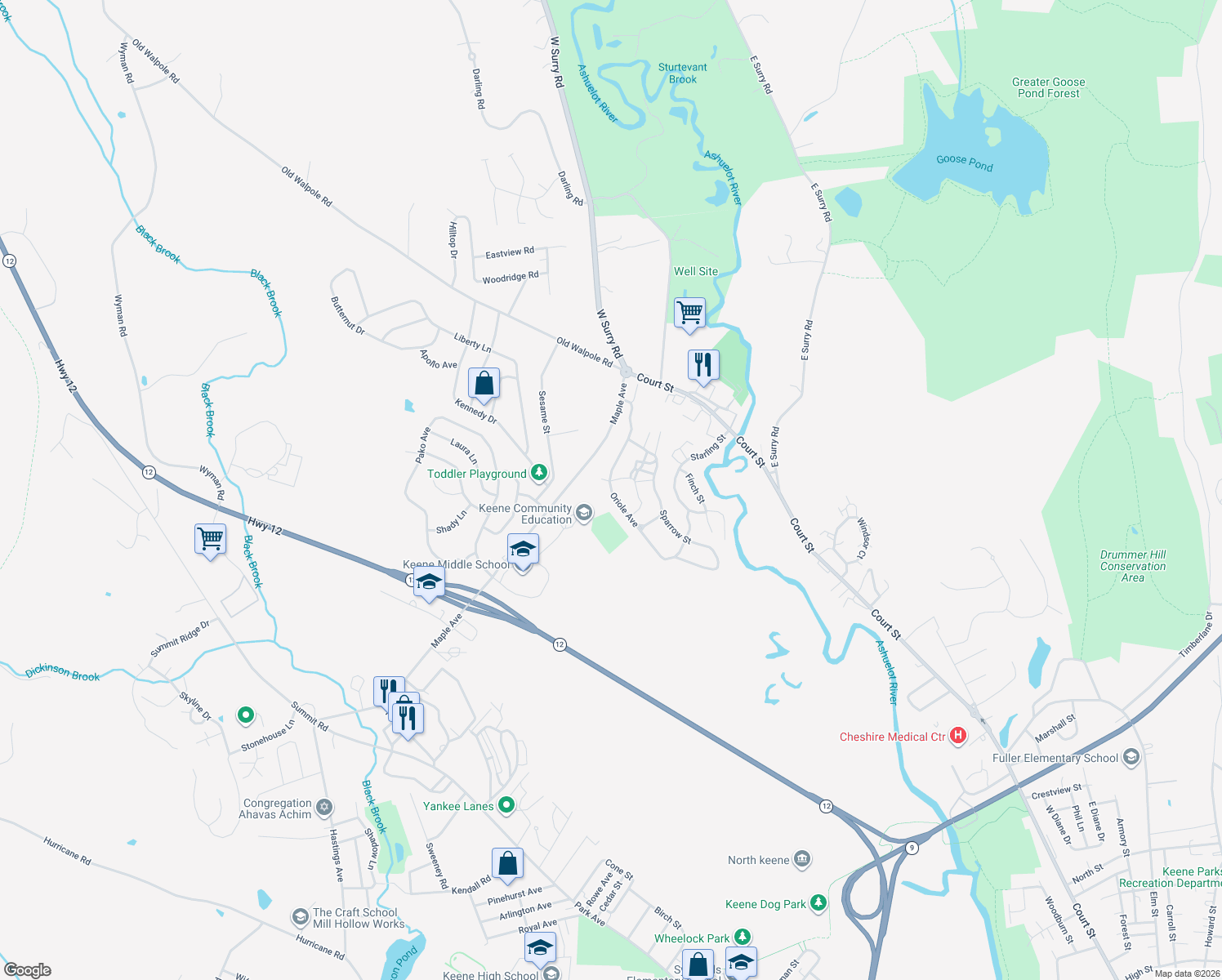 map of restaurants, bars, coffee shops, grocery stores, and more near 39 Oriole Avenue in Keene