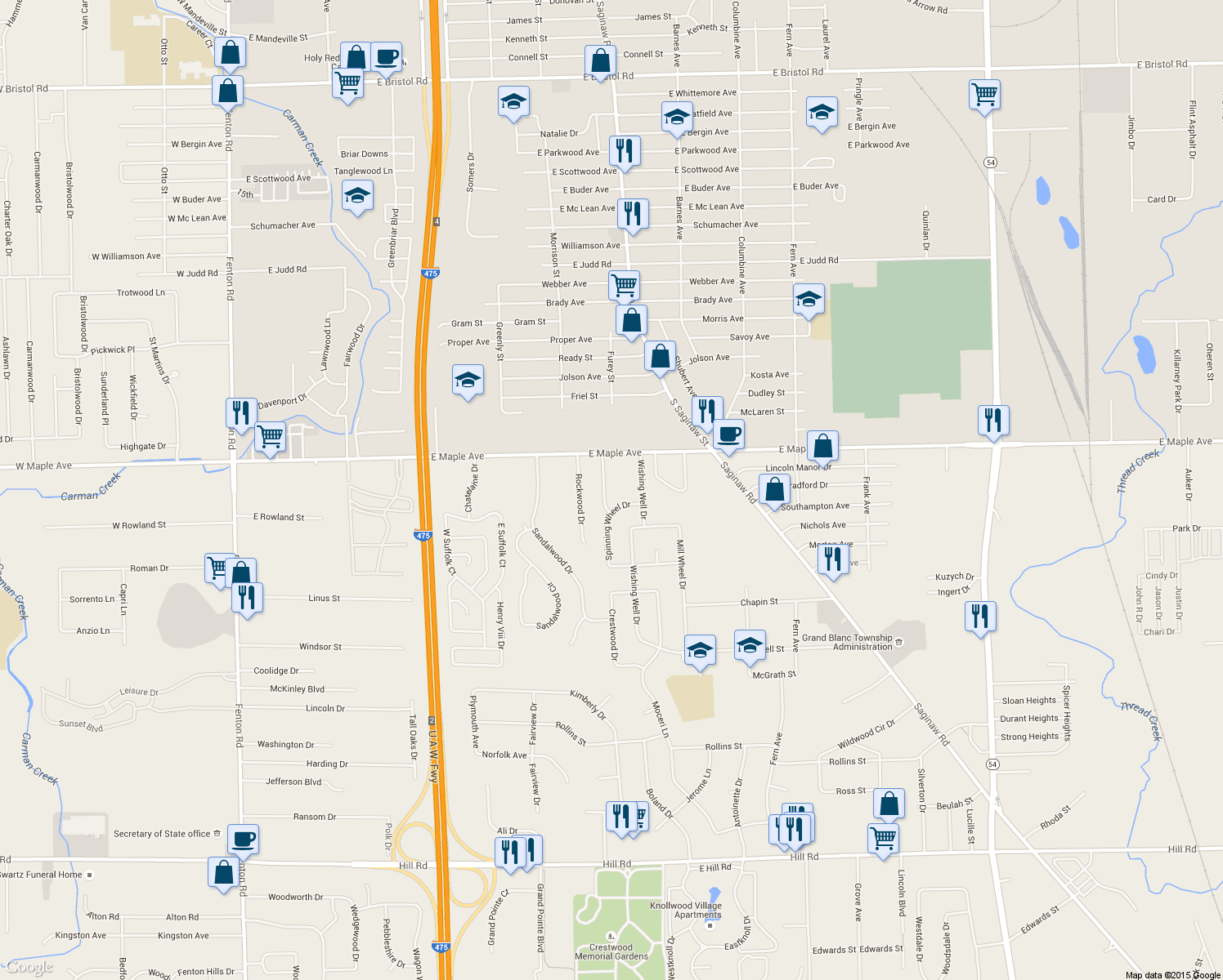 map of restaurants, bars, coffee shops, grocery stores, and more near 5047 Spring Well Lane in Grand Blanc