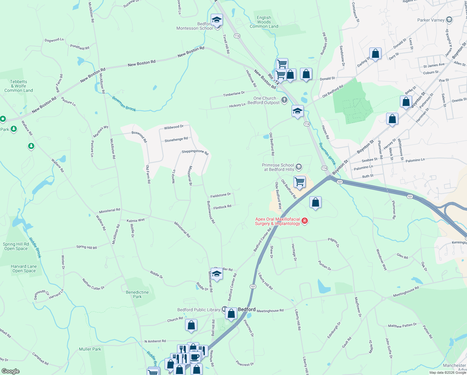 map of restaurants, bars, coffee shops, grocery stores, and more near 21 Arrowhead Drive in Bedford